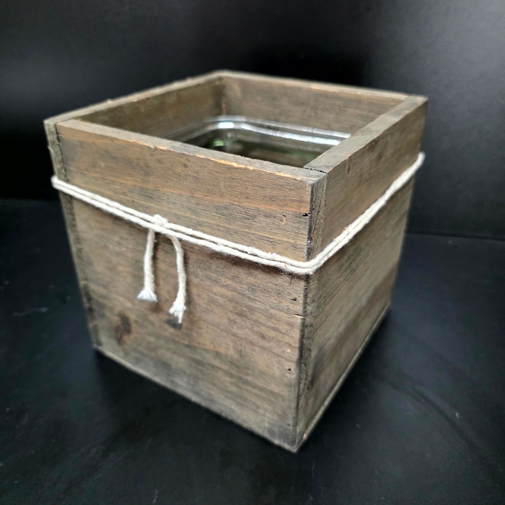 Wood Planter Box 5.5in Brown Rustic Farmhouse Glass Insert Vase Plant Candle